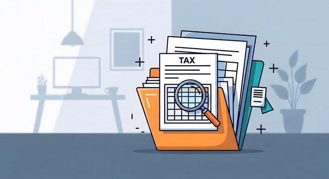 Tax documents in folder with magnifying glass on desk in office setting