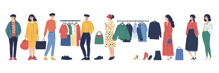 Vector illustration of diverse people browsing, buying, and exchanging clothes and shoes from racks and bags in modern fashion shopping scene