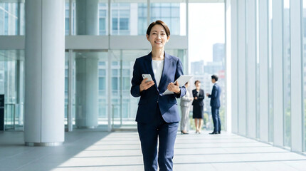 Confident Asian businesswoman walking in modern office holding a tablet and smartphone with colleagues in the background