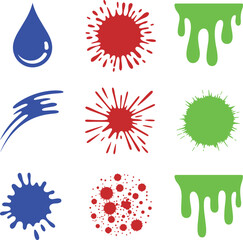 Red liquid splash icons, dripping splatter set, glossy fluid drops, cartoon stain illustrations, vector splashes collection for design elements