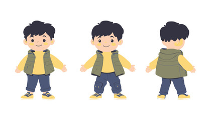 Cute little boy character front side back view wearing sleeveless green jacket yellow shirt blue pants casual outfit cartoon vector illustration flat style