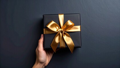 First person top view photo of hand giving black giftbox with golden satin ribbon bow on isolated black background with empty space