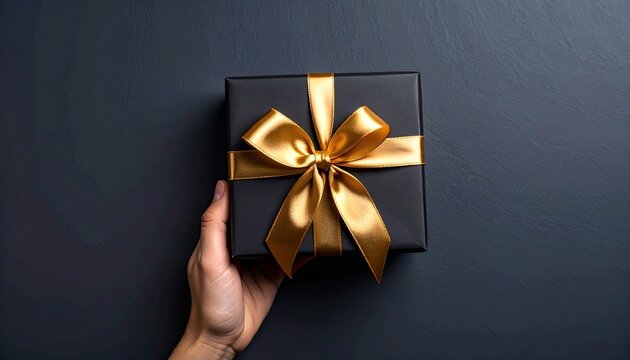 First person top view photo of hand giving black giftbox with golden satin ribbon bow on isolated black background with empty space 
