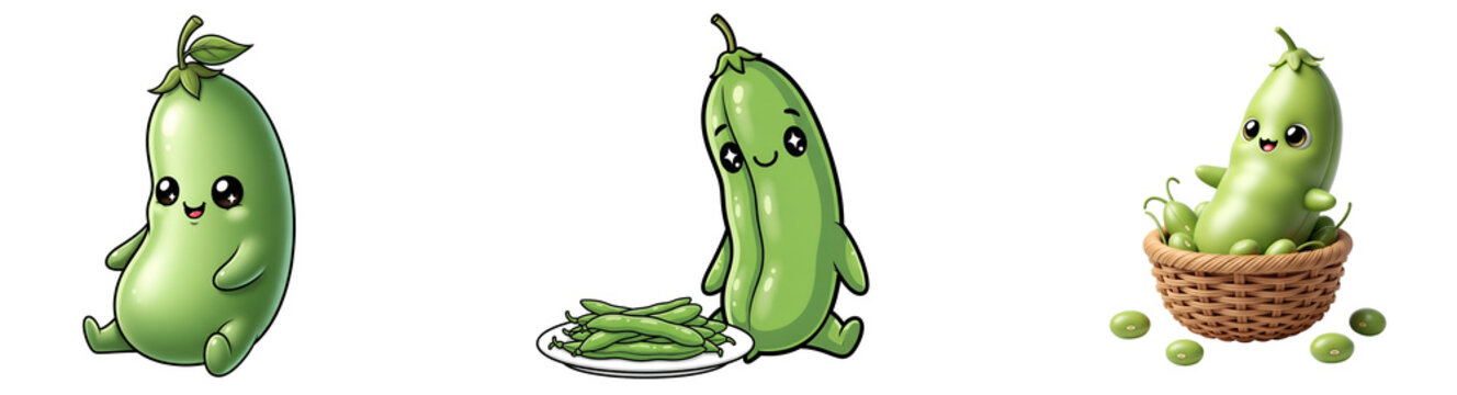 Three illustrations of cartoon green beans with facial expressions in different arrangements on transparent background
