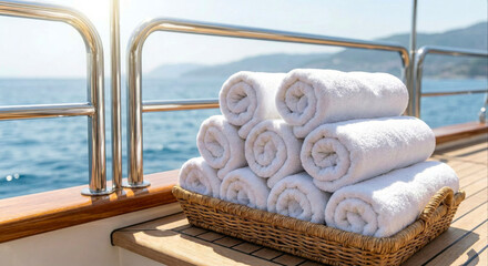 Cozy rolled towels neatly arranged in a basket on the deck of a yacht by the sea on a sunny day