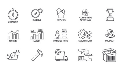Fototapeta premium Collection of business and industry icons in outline style, representing various concepts.