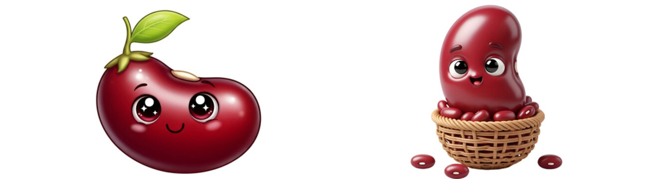 Two cartoon kidney beans with big eyes and smiling faces, one in a basket, isolated on a plain setting on transparent background