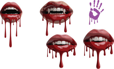 Vampire mouth vector set with dripping blood, fangs, tongue illustration, horror design elements, spooky lips artwork, Halloween themed graphic collection