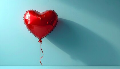 Top view photo of valentine's day decorations red heart shaped balloon with ribbon on isolated pastel blue background with copyspace 