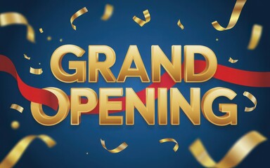 Grand opening text with ribbon and confetti illustration