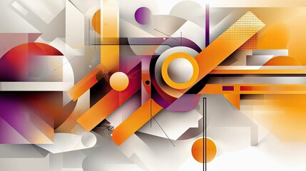 An abstract composition featuring overlapping geometric shapes, circles, and lines in shades of orange, purple, and white. The design has a modern, dynamic feel
