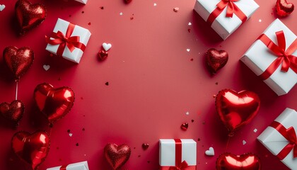 Top view photo of valentine's day decorations white gift boxes with red ribbon bows heart shaped balloons small hearts and confetti on isolated red background with empty space 