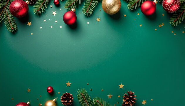 Top view photo of pine branches with cones red christmas tree balls and gold stars confetti on isolated green background with copyspace in the middle 