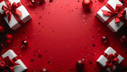 Top view photo of red christmas tree balls pine branches white gift boxes with ribbon bows and golden confetti on isolated red background with copyspace 