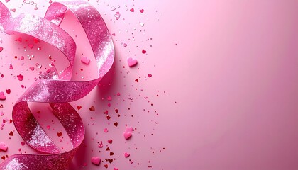 Top view photo of valentine's day decorations glitter pink curly ribbon and heart shaped confetti on isolated pastel pink background with blank space