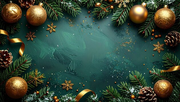 Top view photo of gold and silver christmas tree balls toys cones snowflakes and serpentine on pine branches on isolated green background with copyspace