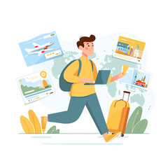 Man using laptop to book travel flights for vacation