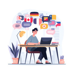 Man working on computer with language translation bubbles above