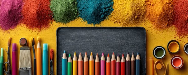 Colorful art supplies and blank blackboard on vibrant colored background