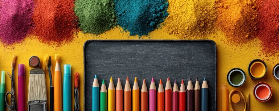 Colorful art supplies and blank blackboard on vibrant colored background