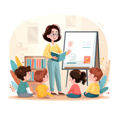 A teacher teaching students in the classroom with a book