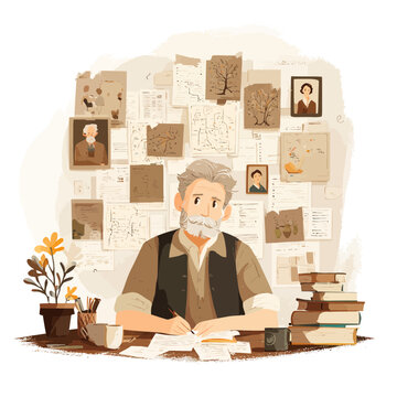 Old man doing genealogy research on a desk with family history