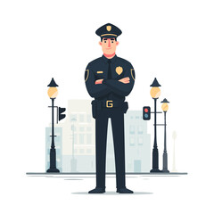 Policeman in uniform standing in front of city background