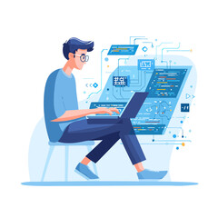 Programmer with glasses sitting and typing on laptop computer