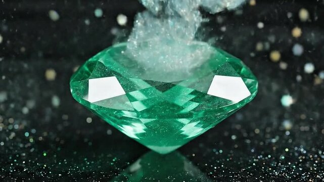 Luxury emerald holiday product surrounded by softly drifting holographic particles