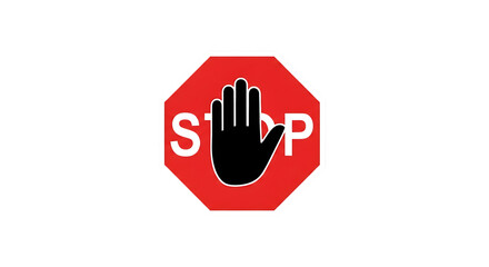 Obraz premium Red octagonal stop sign, with black hand symbol and white lettering, isolated on transparent background, cutout, PNG