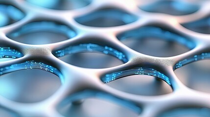 Close-up view of a futuristic, abstract molecular lattice structure with glowing blue light and digital data streams flowing through it, suggesting advanced tec