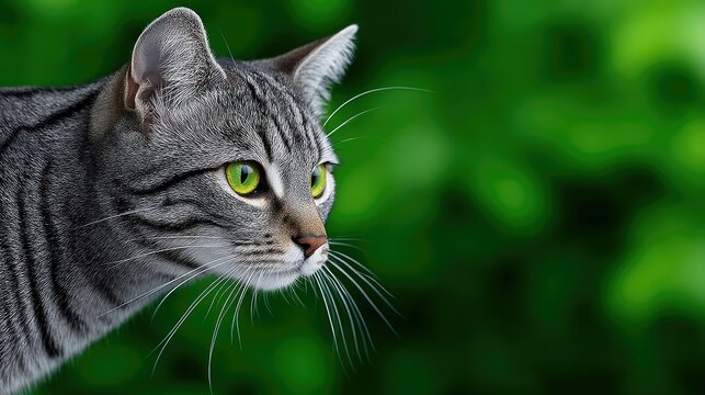 A close-up profile of a grey tabby cat with striking green eyes, looking intently to the side. The background is a soft, out-of-focus green, suggesting an outdo - Powered by Adobe