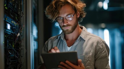 Young man engaged in digital tasks at a server room showcasing modern technology in a professional environment - Powered by Adobe