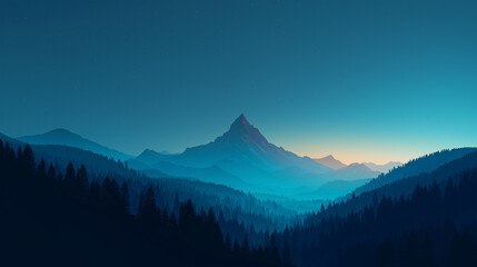 breathtaking and serene landscape featuring a layered view of mountains, forests, and a vibrant sky. It blends natural elements with a soft, dreamy color palette, making it visually captivating