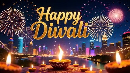 Celebrating Happy Diwali with dynamic fireworks over a vibrant city skyline at night