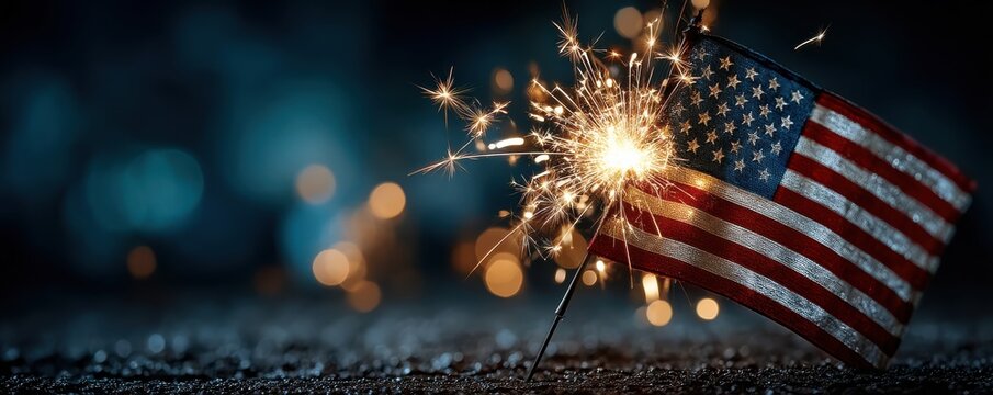 American flag with a sparkling light in festive patriotic celebration - Powered by Adobe