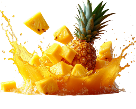 A dramatic action shot of pineapple cubes and wedges bursting through a splash of gol 