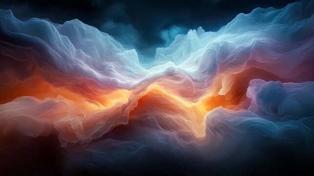 An abstract, ethereal image depicting a cosmic nebula with swirling clouds of blue, white, and orange. The light emanates from the center, creating a dramatic a