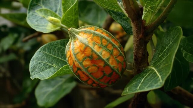 Close up of a vibrant fruit with intricate patterns and lush green foliage