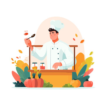 Chef holding a spoon while cooking and offering a taste test