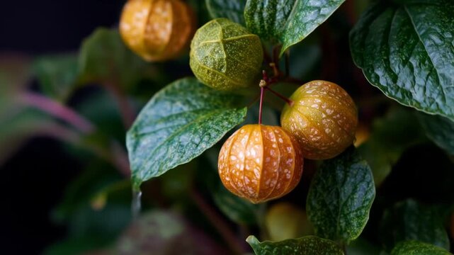 Close up of physalis plant with ripe fruits and green leaves
