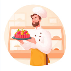 Chef presenting a colorful fruit cake in a bakery