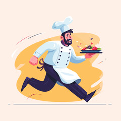 Chef rushing to deliver food with a plate in his hands