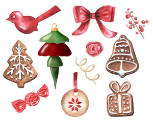 Set of Christmas cookies, decorations, toys and sweets. Hand drawn watercolor isolated on white background. For scrapbooking, textile, web, design, interior, stickers. New year collection.