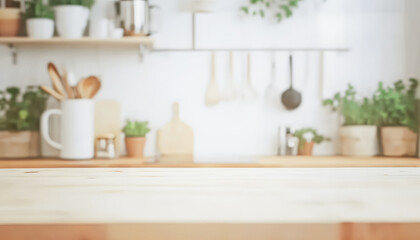Bright Kitchen Countertop Foreground with Blurred Modern Interior Background for Product Display