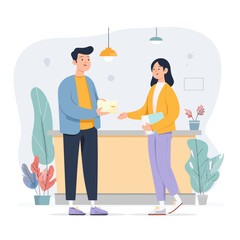 Two people exchanging documents during client onboarding in office