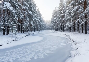Winding frozen river or stream flowing through a snowy pine forest