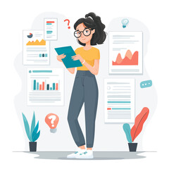 Fototapeta premium Woman analyzing business strategy with reports in vector style