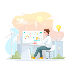 Engineer at computer monitoring renewable energy sources