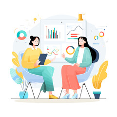 Two women in meeting with graphs and charts for discussion